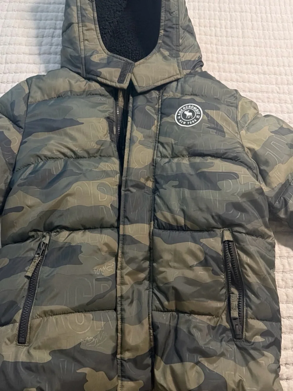 abercrombie kids Olive Green Camo Hooded Puffer Jacket